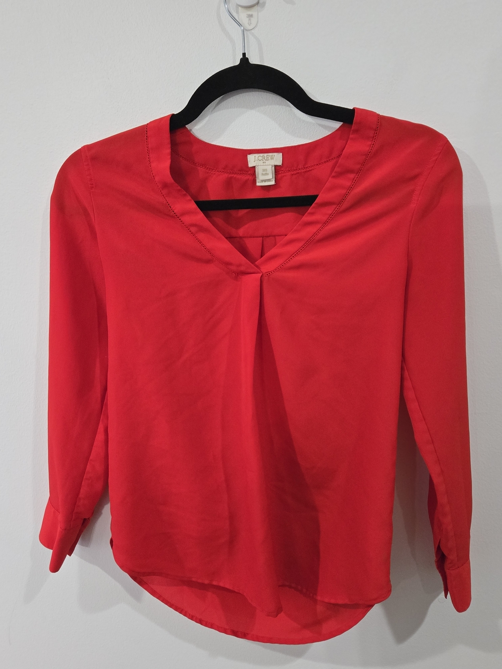 J. Crew Sz XXS Bright Red V-Neck Pleated Long Sleeve Blouse